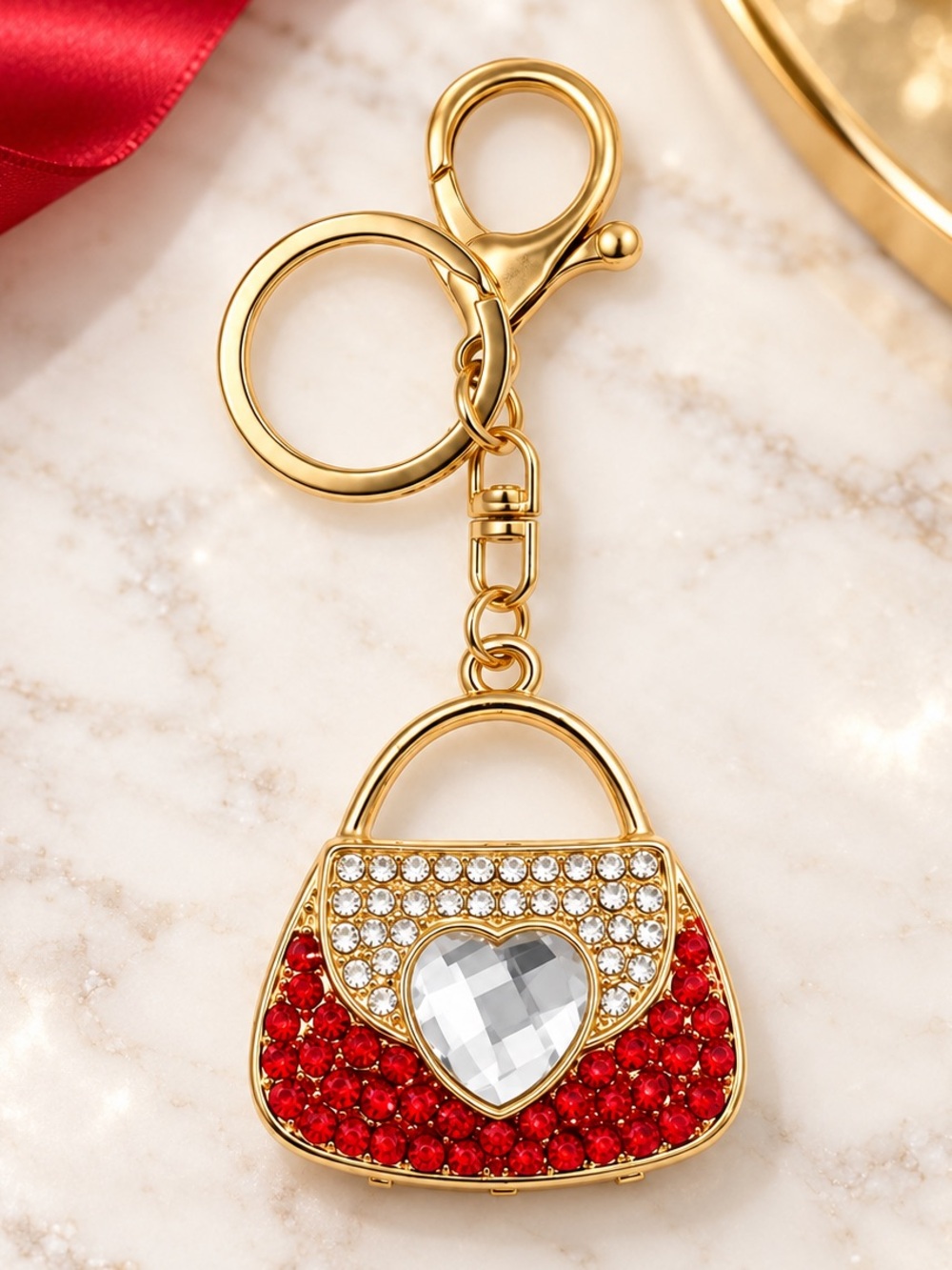 Red Rhinestone Handbag Keychain Gold Tone Heart Crystal Purse Bag Charm NEW
